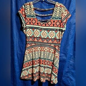 Bobbie Brooks Orange Green Graphic Cap Sleeve Dress Size L